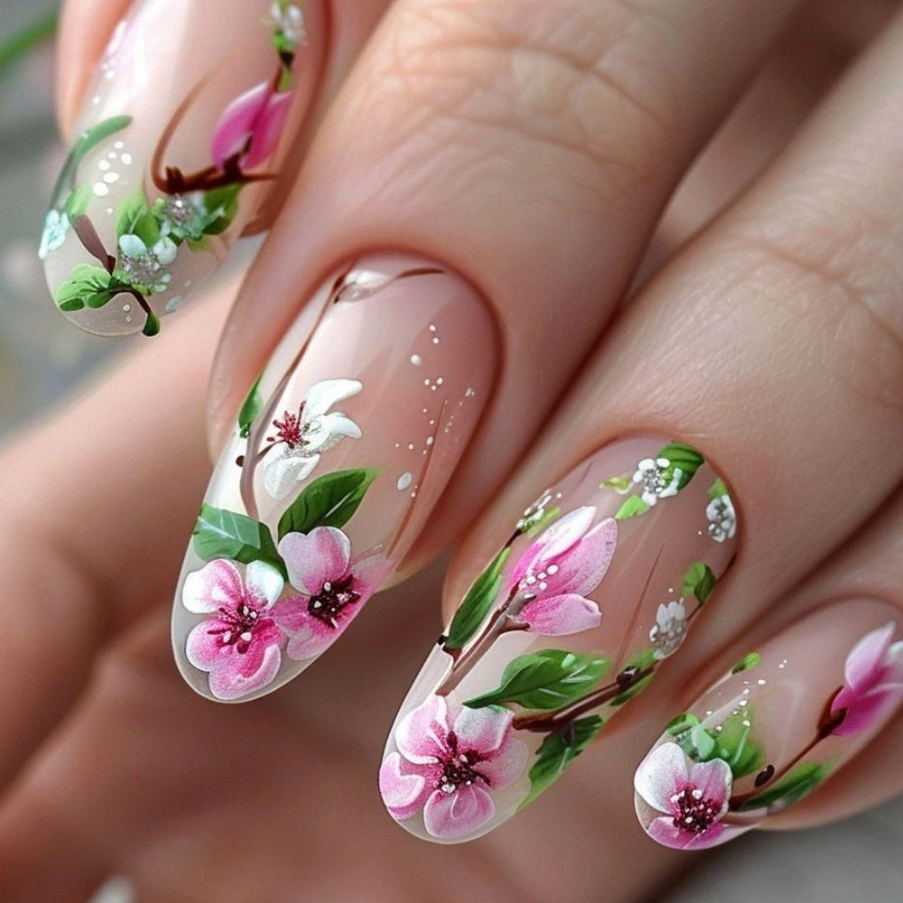 Short Almond Press on Nails 3D - Pressed Flower Art review and price